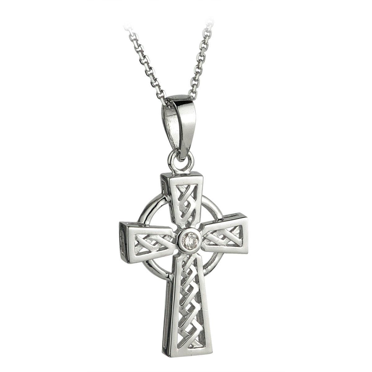 Sterling Silver Diamond Trinity Knot Celtic Cross Pendant Necklace