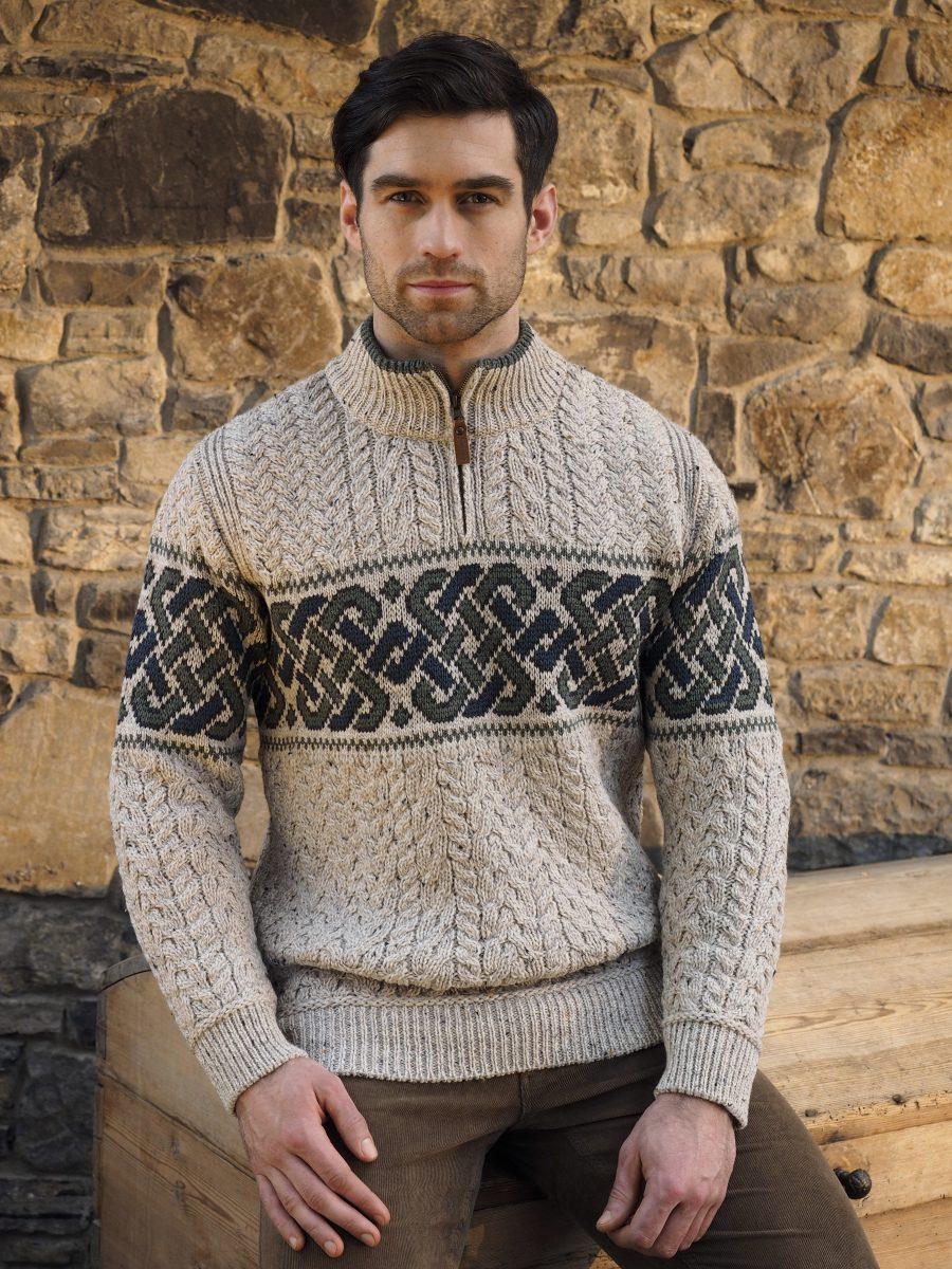 Celtic Jacquard Half Zip -Oatmeal Nep - A Little Irish Too