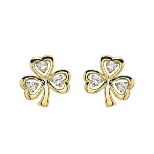 14kt Gold Vermeil Shamrock White Sapphire Stud Earrings