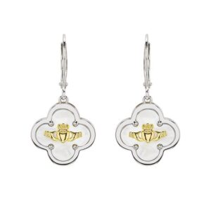 Sterling Silver Clover Claddagh MOP Drop Earrings